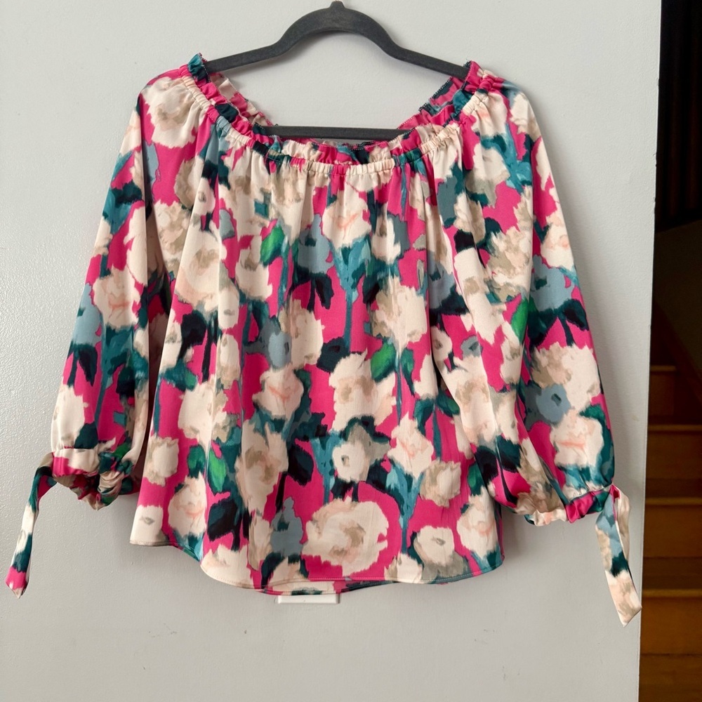 Donna Karan Romantic Elevated Basic Pink and Cream Floral Blouse